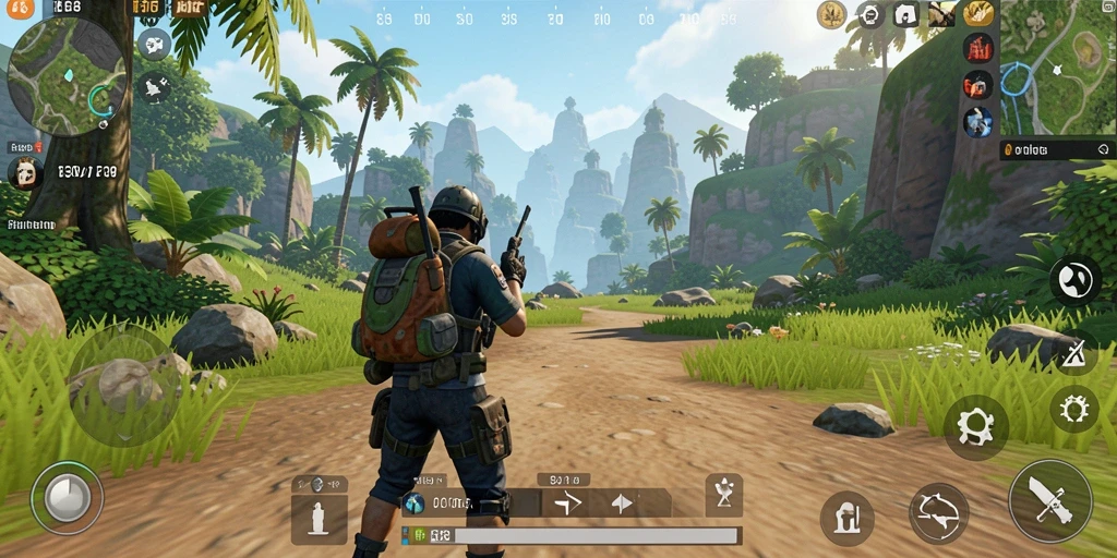 Tampilan gameplay E88 dengan karakter dan pemandangan dunia terbuka.