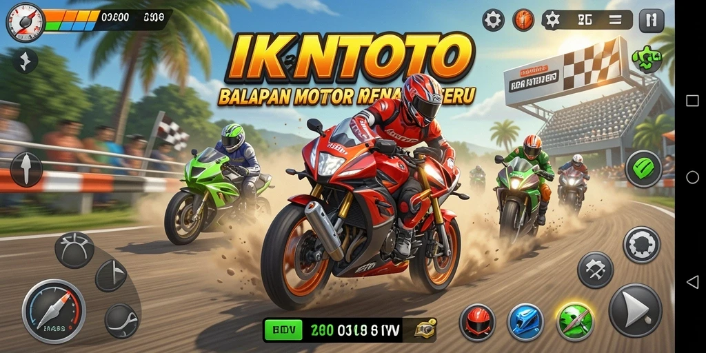 Tampilan gameplay menegangkan dari IKNTOTO dengan motor balap di trek.
