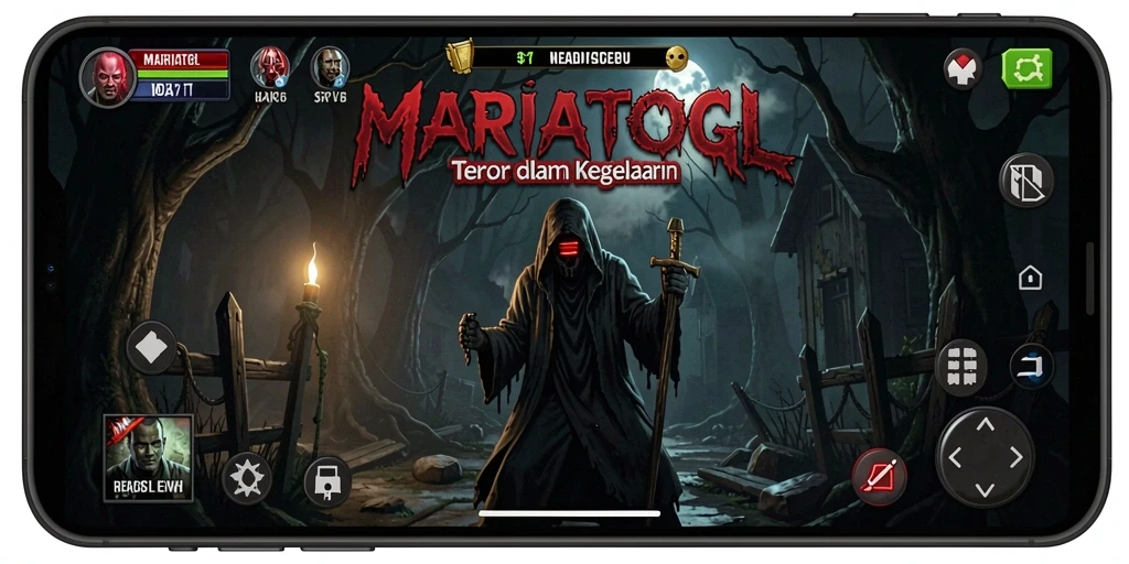 Screenshot permainan MARIATOGL menampilkan suasana kegelapan yang menakutkan.