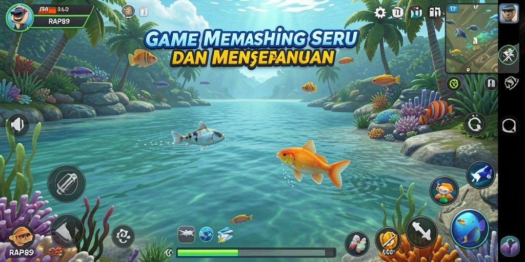 Tampilan gameplay seru dengan memancing di lokasi yang indah.