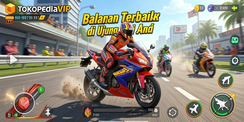 Tangkapan layar gameplay TOKOPEDIAVIP dengan balapan motor yang mendebarkan.